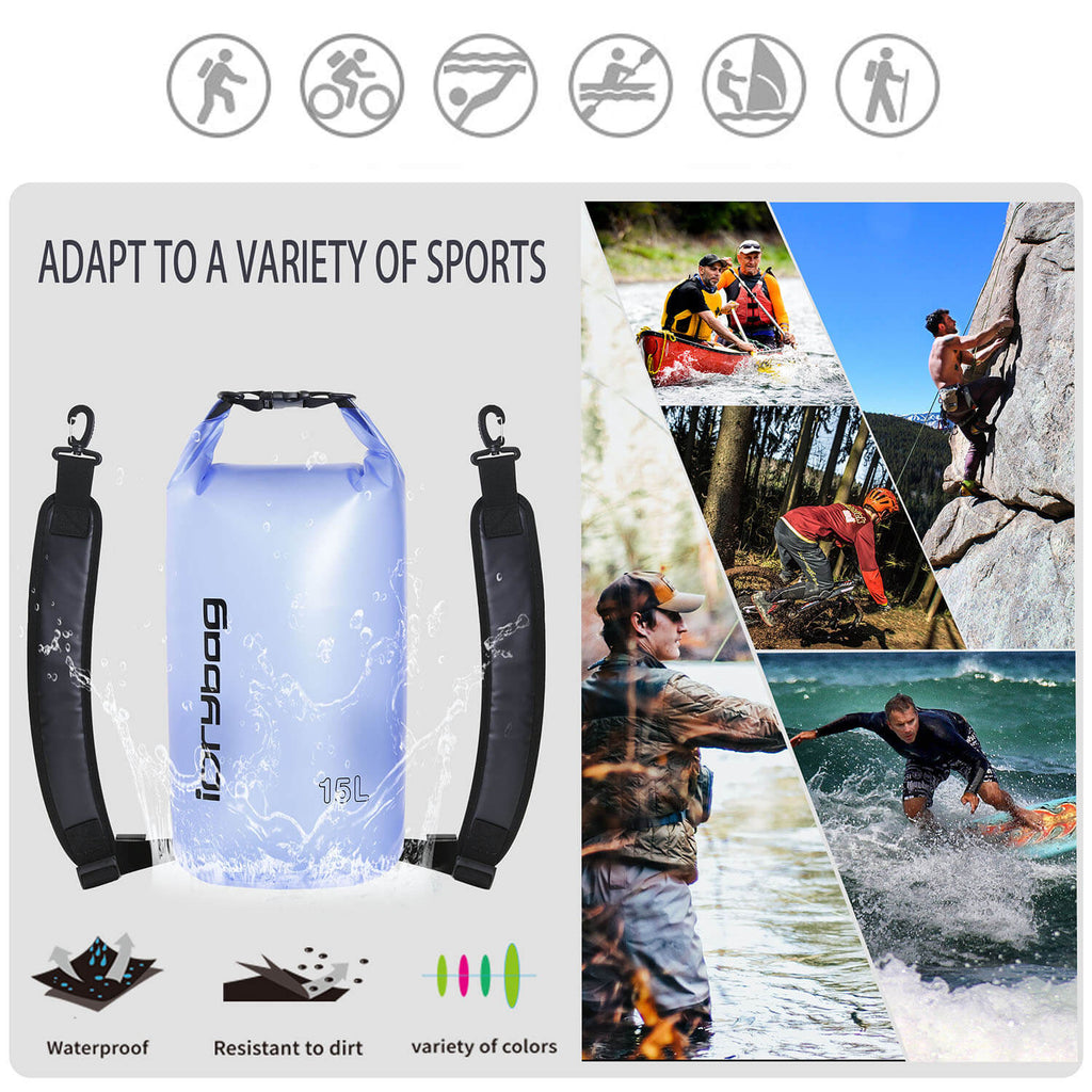 Dry bag with shoulder straps on a white background, surrounded by images of people engaging in various sports activities.