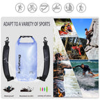 Dry bag with shoulder straps on a white background, surrounded by images of people engaging in various sports activities.