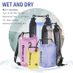Set of waterproof bags in pink, yellow, and blue with text highlighting their multi-purpose use.