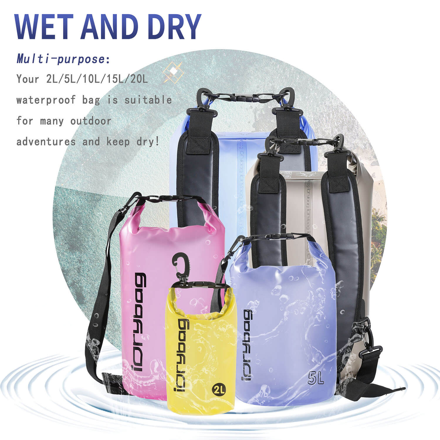 Set of waterproof bags in pink, yellow, and blue with text highlighting their multi-purpose use.