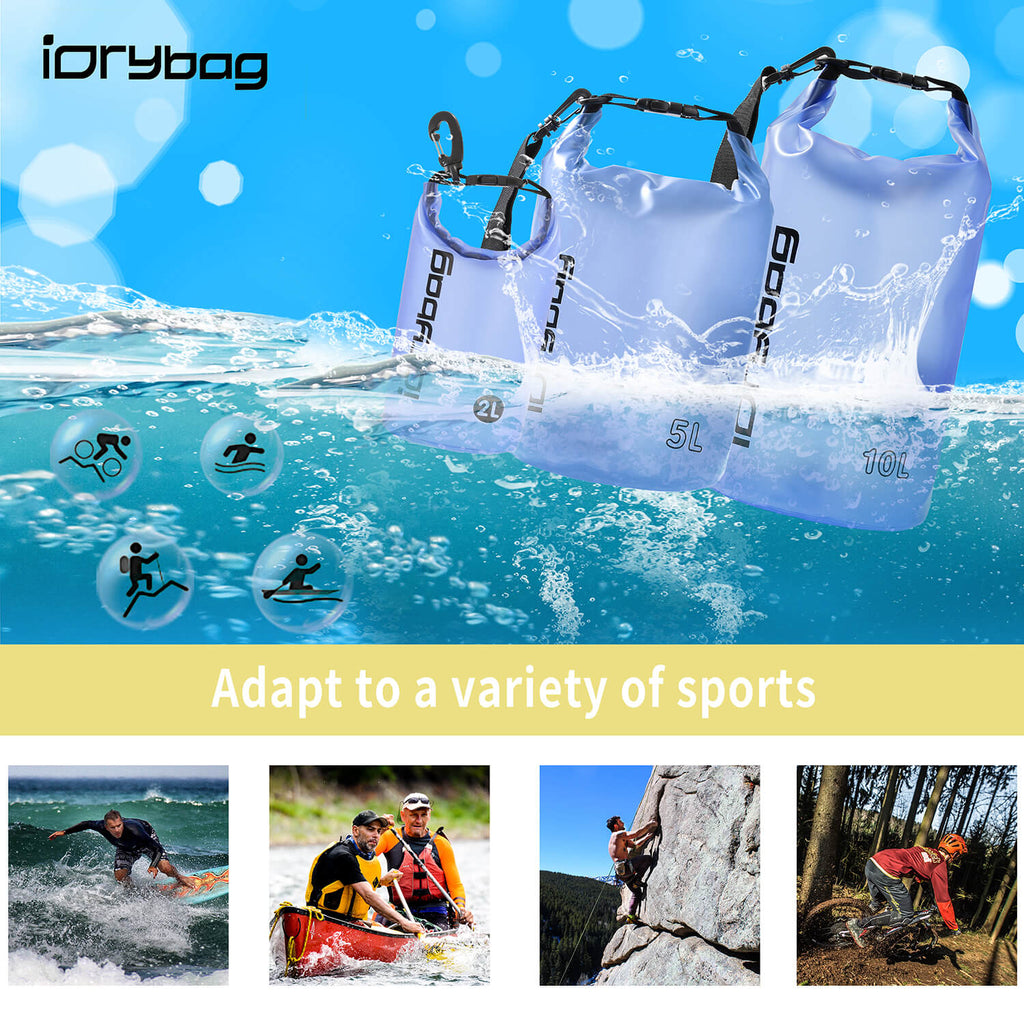 Dry bags with water splashes and outdoor activity icons, featuring the brand 'idrybag'.