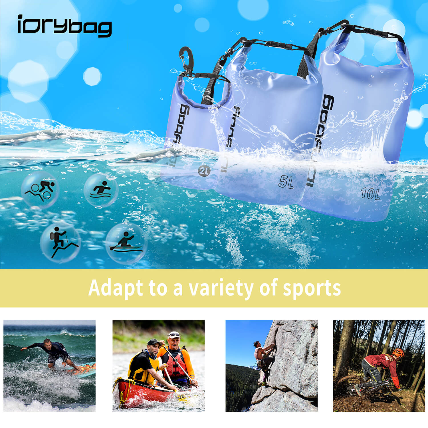 Dry bags with water splashes and outdoor activity icons, featuring the brand 'idrybag'.