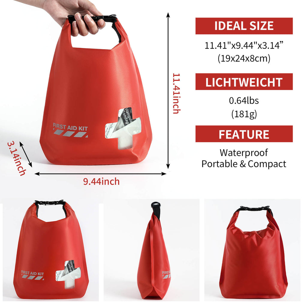 Red first aid kit bag with dimensions and features on a white background