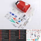 First aid kit with various components on a white background