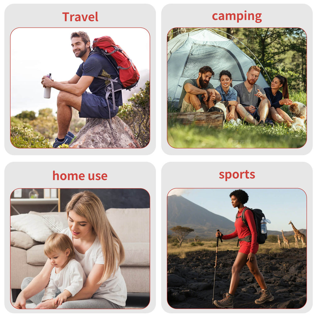 Four cards showing different scenarios with people using backpacks for travel, camping, home use, and sports.