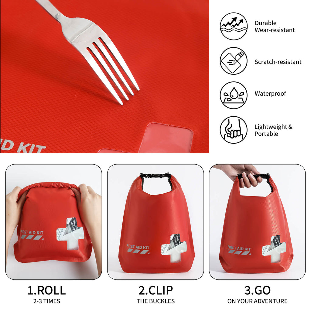 Red first aid kit with roll-up mechanism, clip buckles, and usage instructions on a white background.