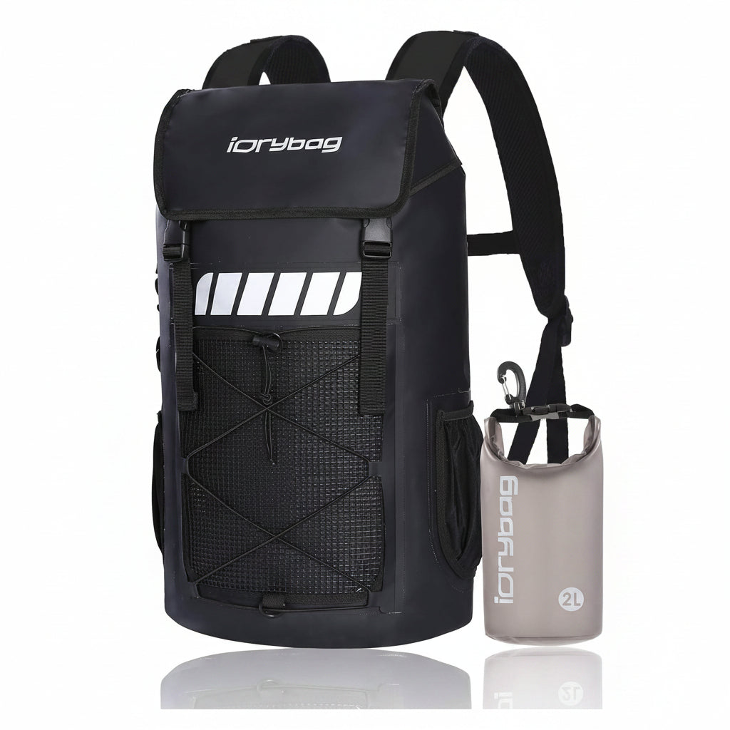 Black backpack with a smaller beige bag featuring 'iorybag' branding on a white background.