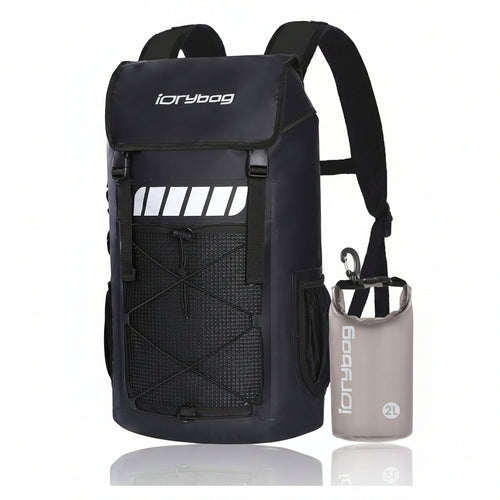 Black backpack with a smaller beige bag featuring 'iorybag' branding on a white background.