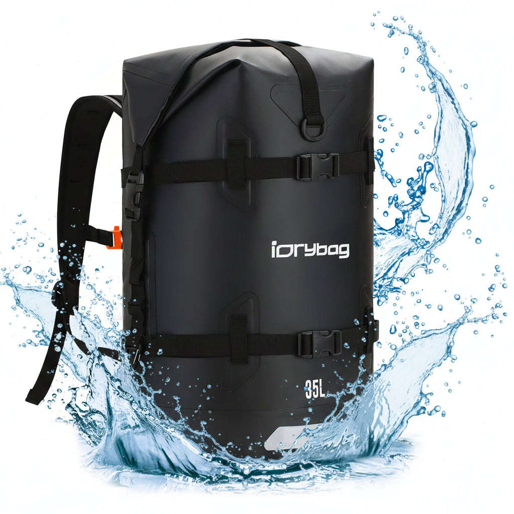 Black dry bag with 'iDrybag' branding and water splashes on a white background