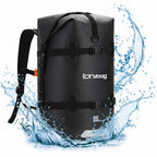 Black dry bag with 'iDrybag' branding and water splashes on a white background