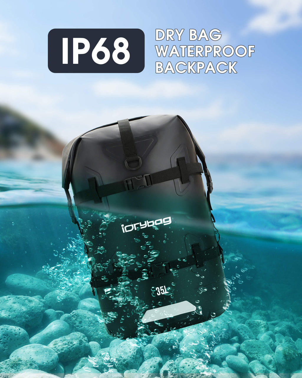 Dry bag waterproof backpack with IP68 rating submerged in water, brand 'iDrybag' visible