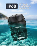Dry bag waterproof backpack with IP68 rating submerged in water, brand 'iDrybag' visible