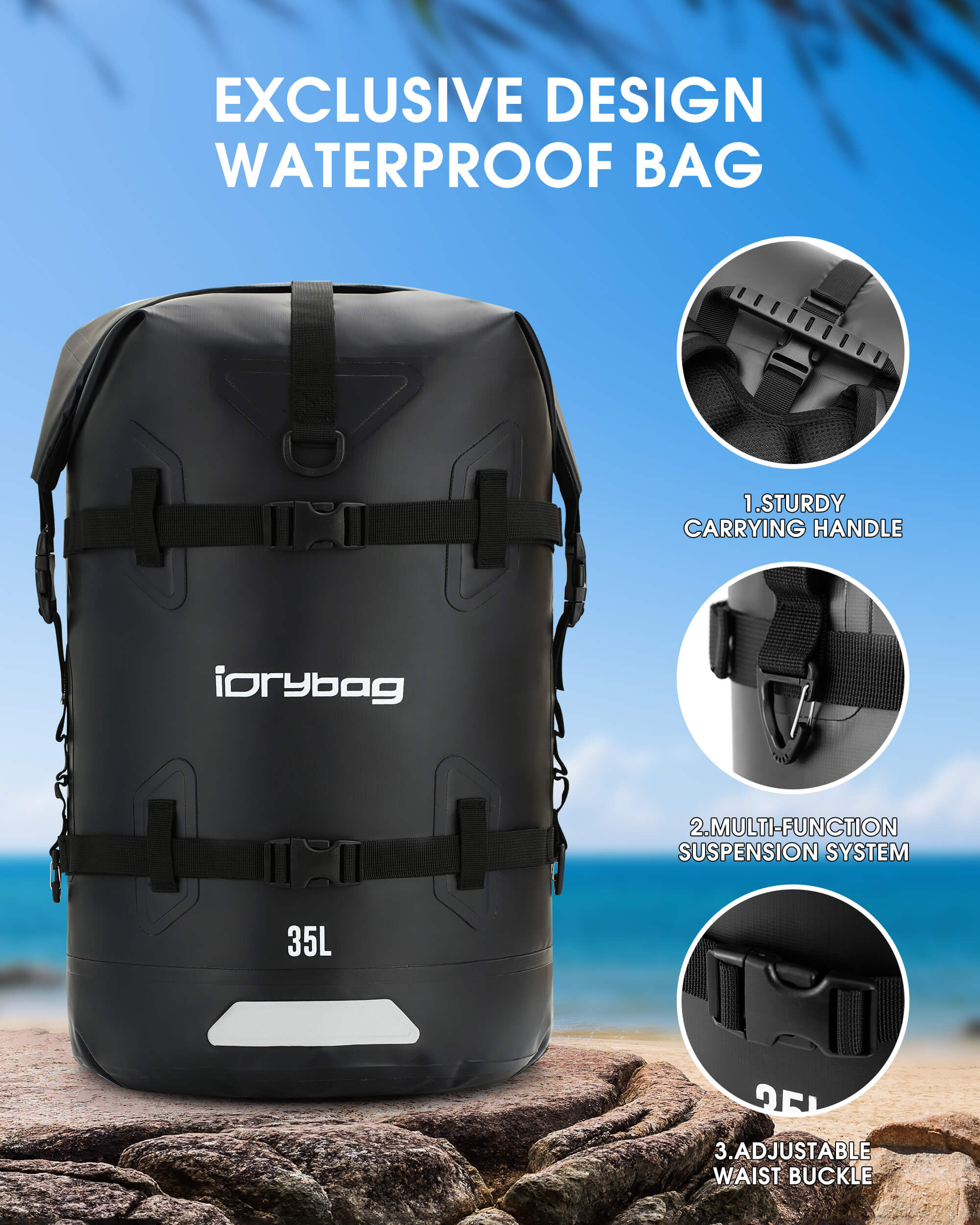 Black waterproof bag with idrybag branding on a beach background