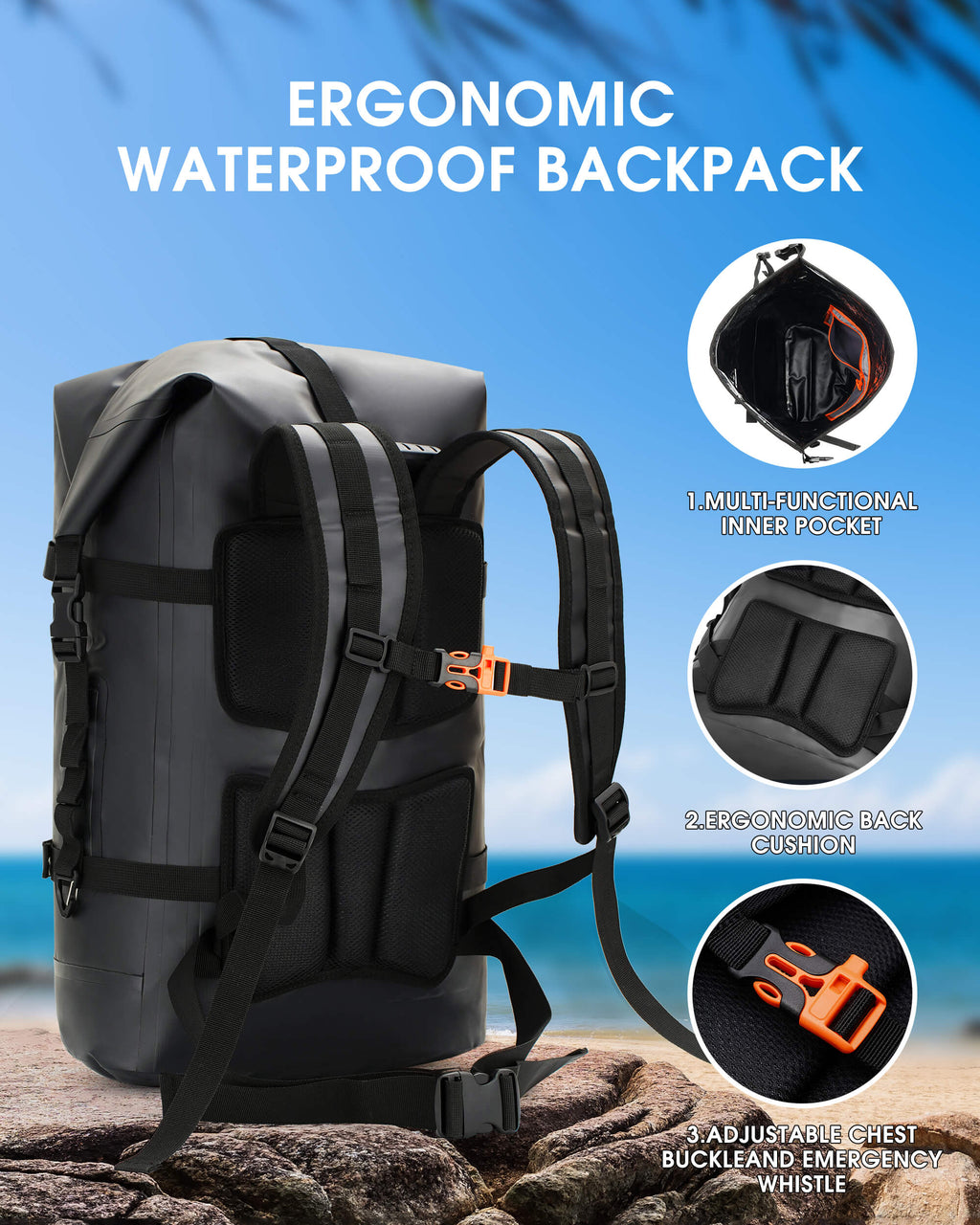 Ergonomic waterproof backpack with features highlighted on a blue sky background