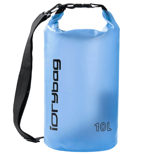 Lake Blue dry bag with black strap and 'idrybag' branding on a white background 10L