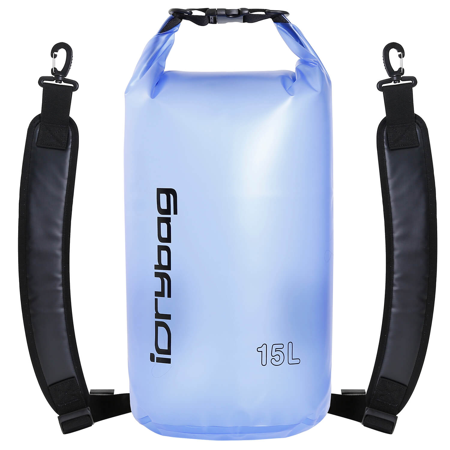 Lake Blue dry bag with black straps and idrybag' branding on a white background 15L