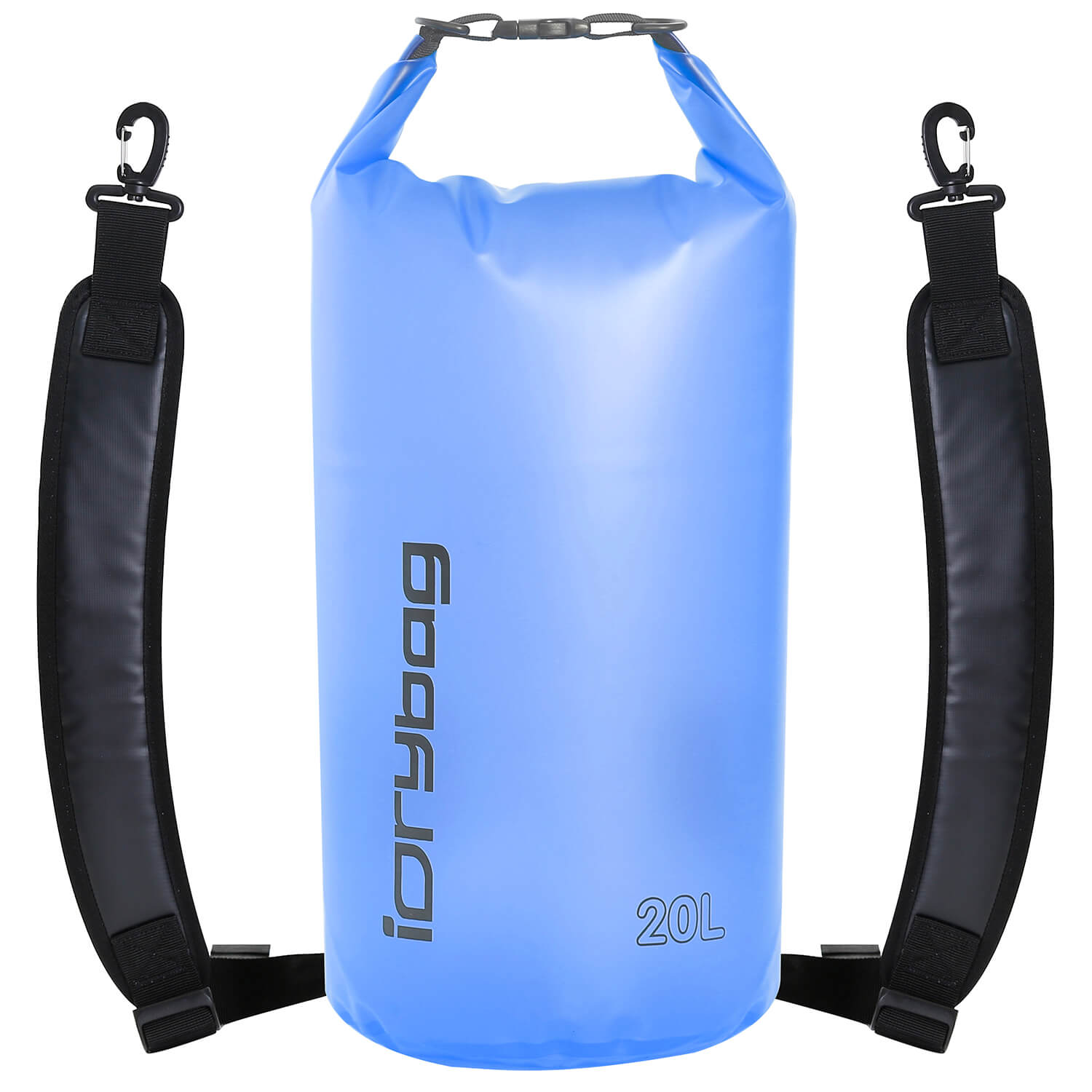 idrybag 20L Lake Blue dry bag with black straps on a white background