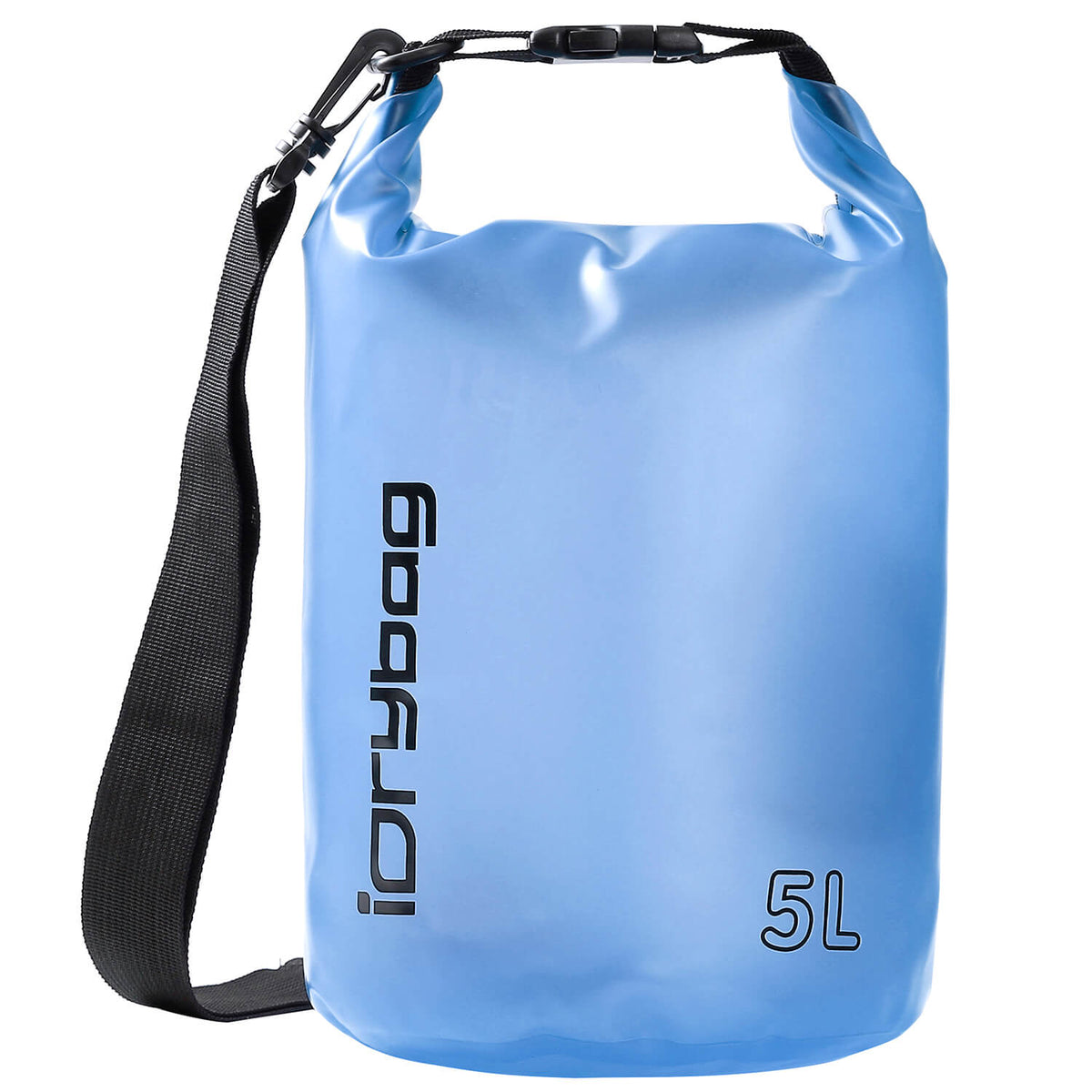 Lake Blue dry bag with 'idrybag' branding and a 5L capacity label on a white background