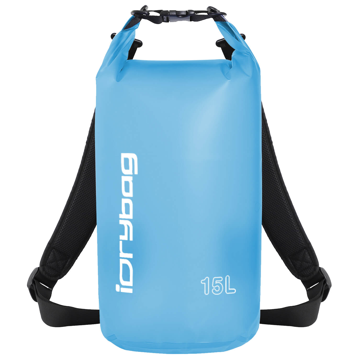 idrybag 15L Blue dry bag with black straps on a white background