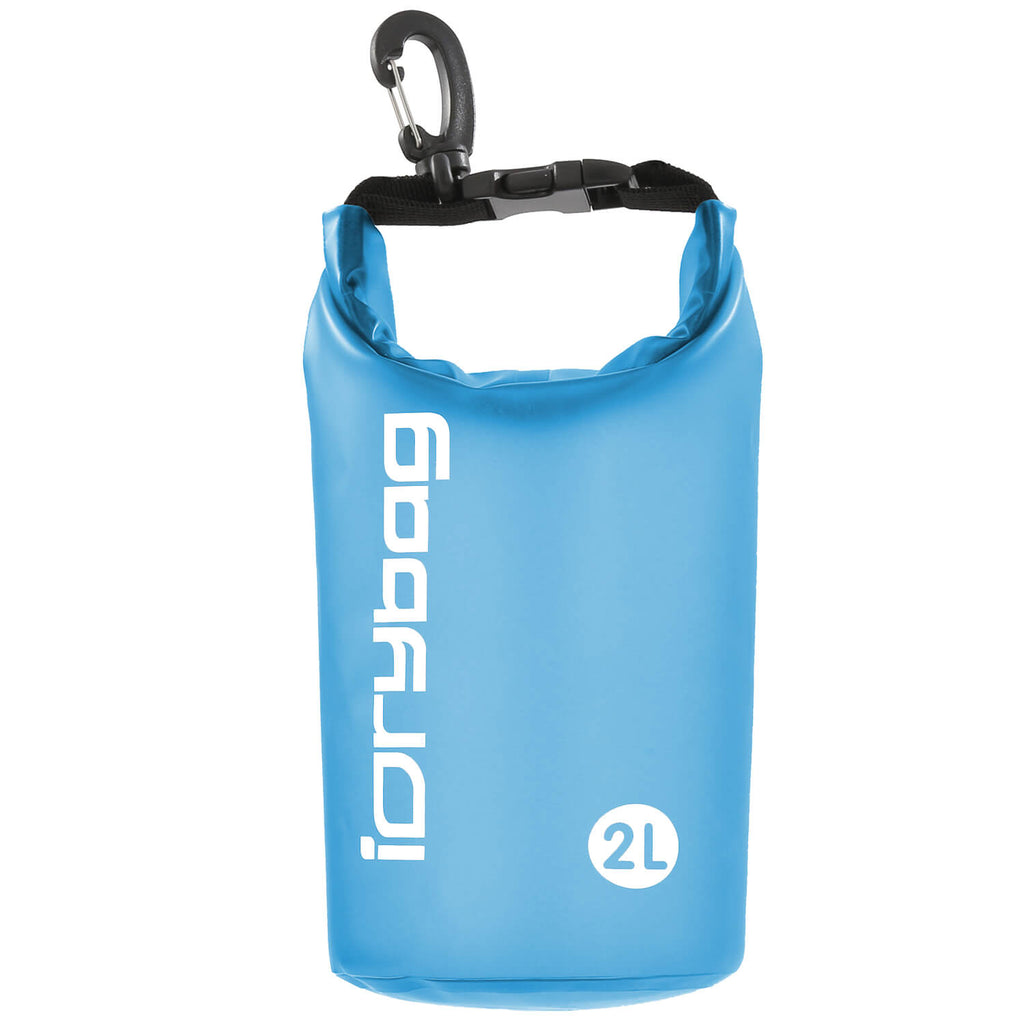 idrybag 2L Blue dry bag with a carabiner on a white background