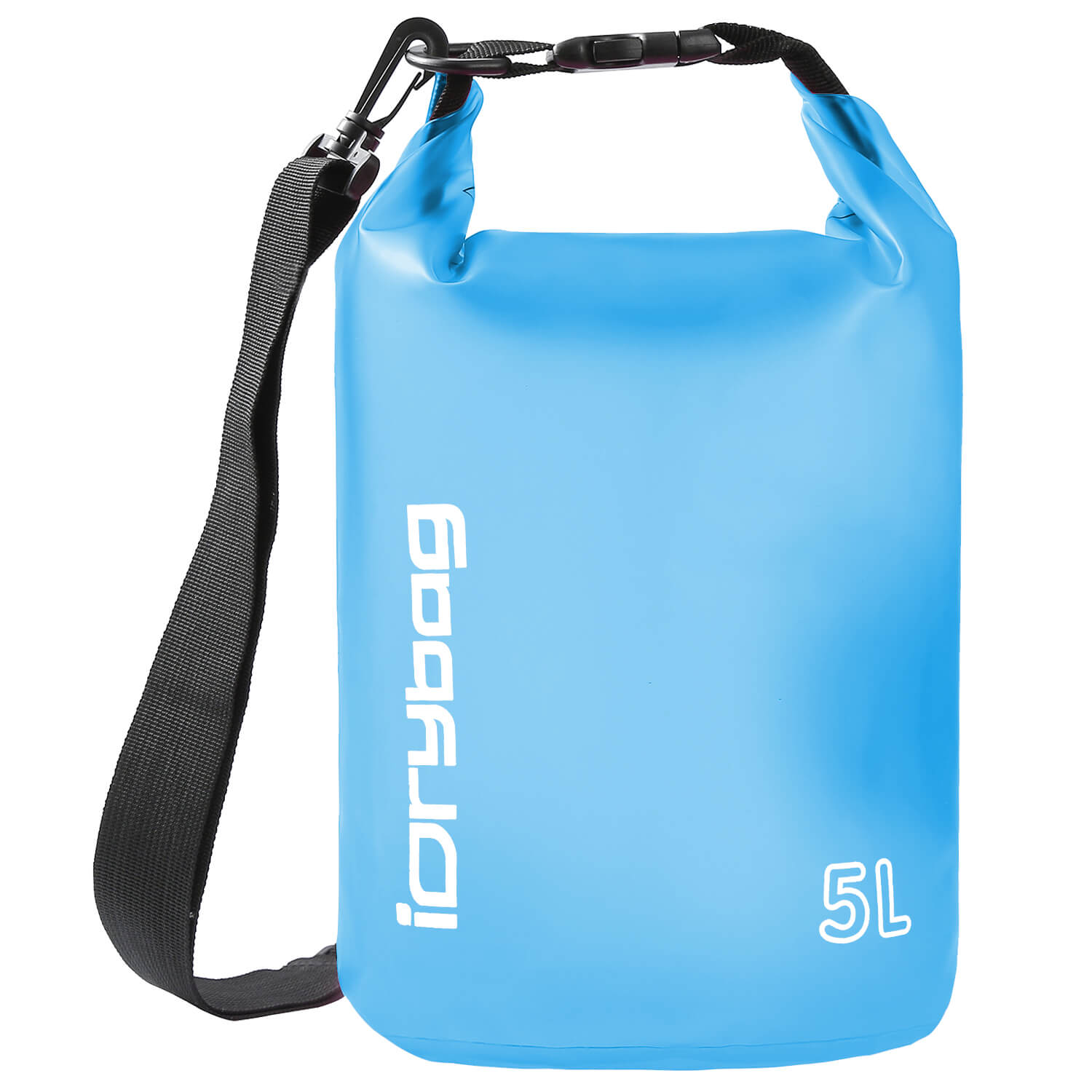 idrybag Blue 5L dry bag with a black strap on a white background