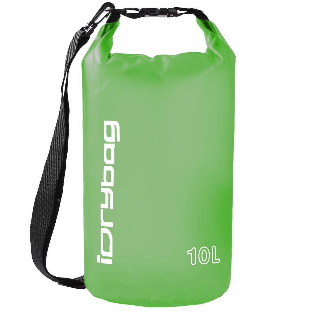 idrybag 10L Green dry bag with a strap on a white background