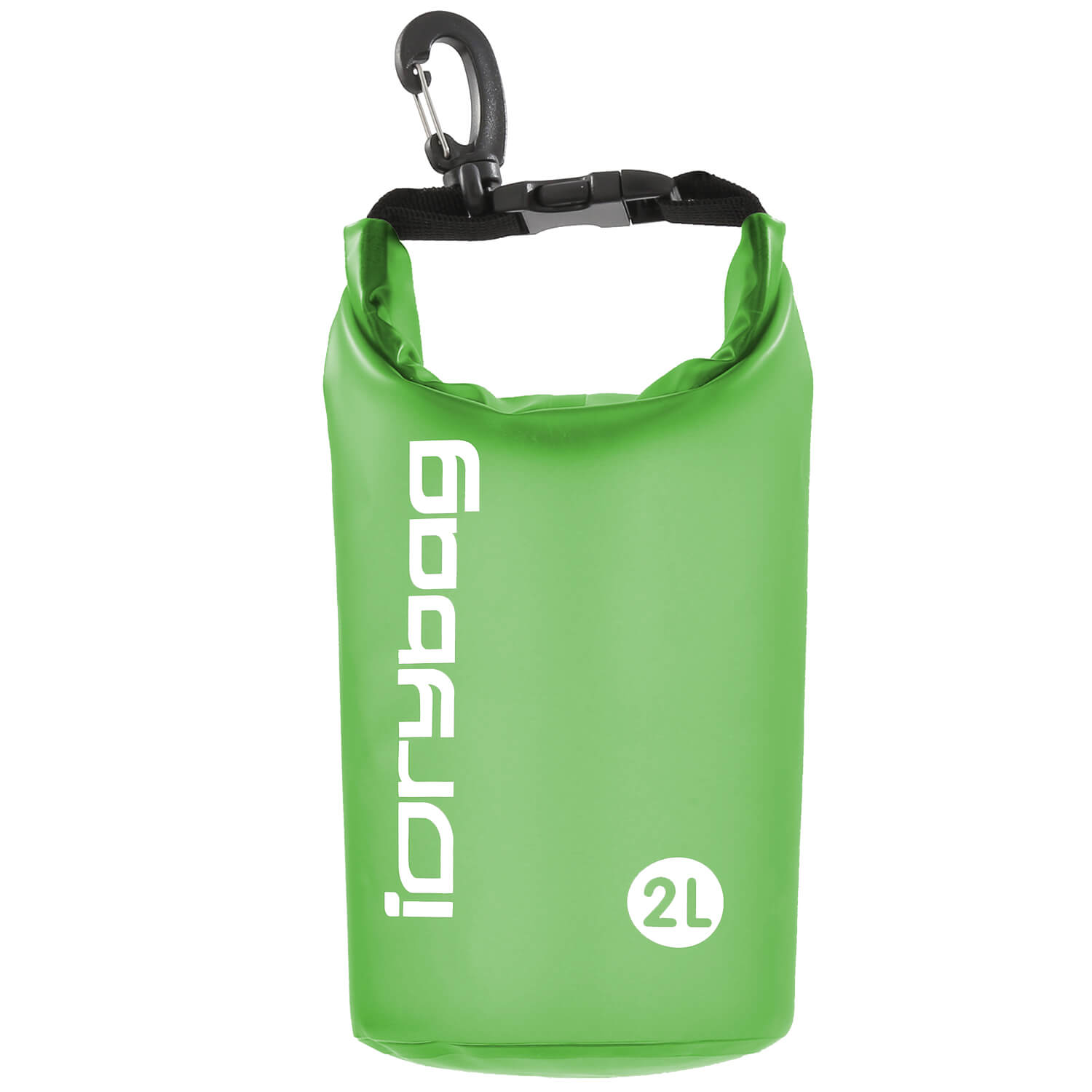 2L idrybag Green dry bag with a carabiner on a white background