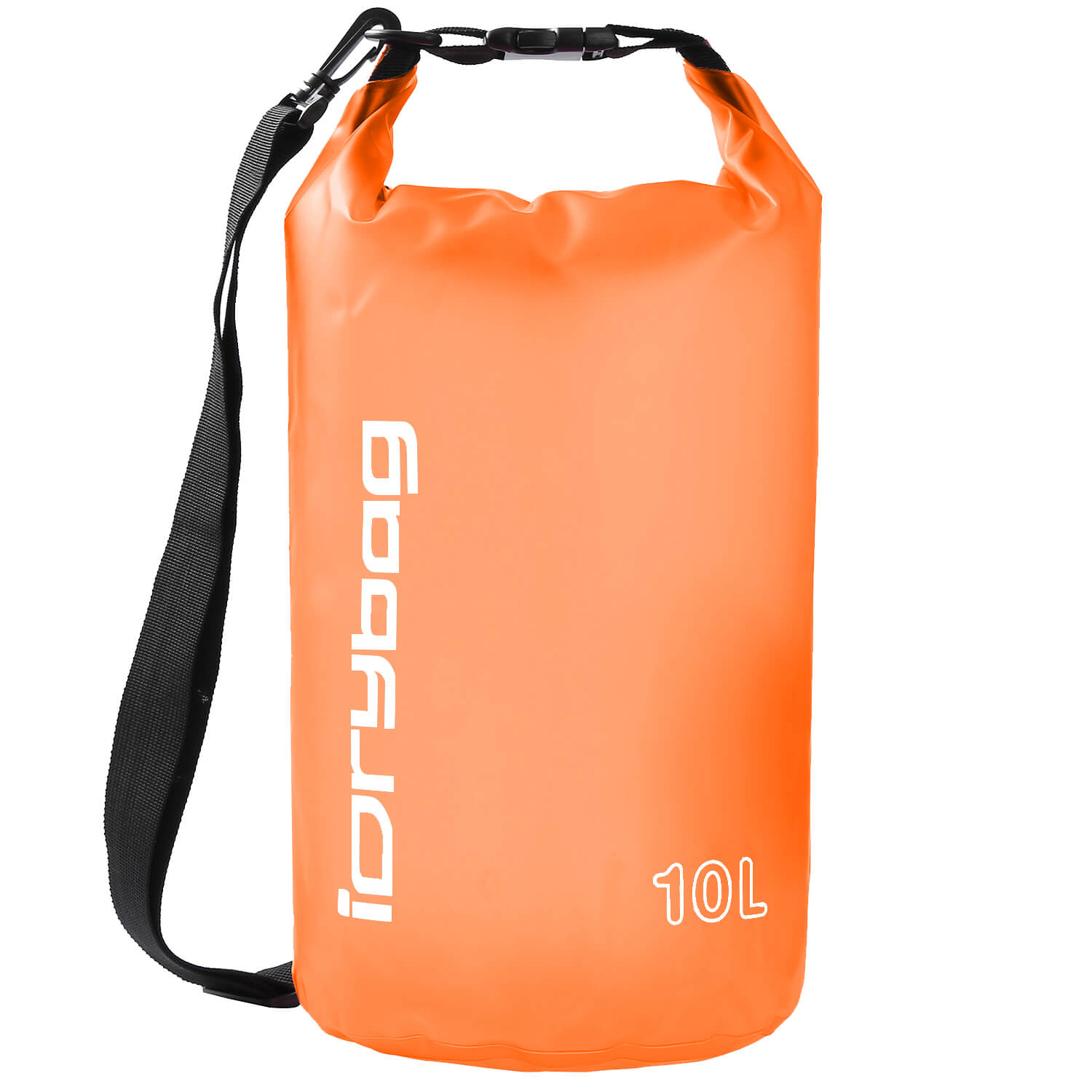 10L idrybag Orange dry bag with black strap on a white background