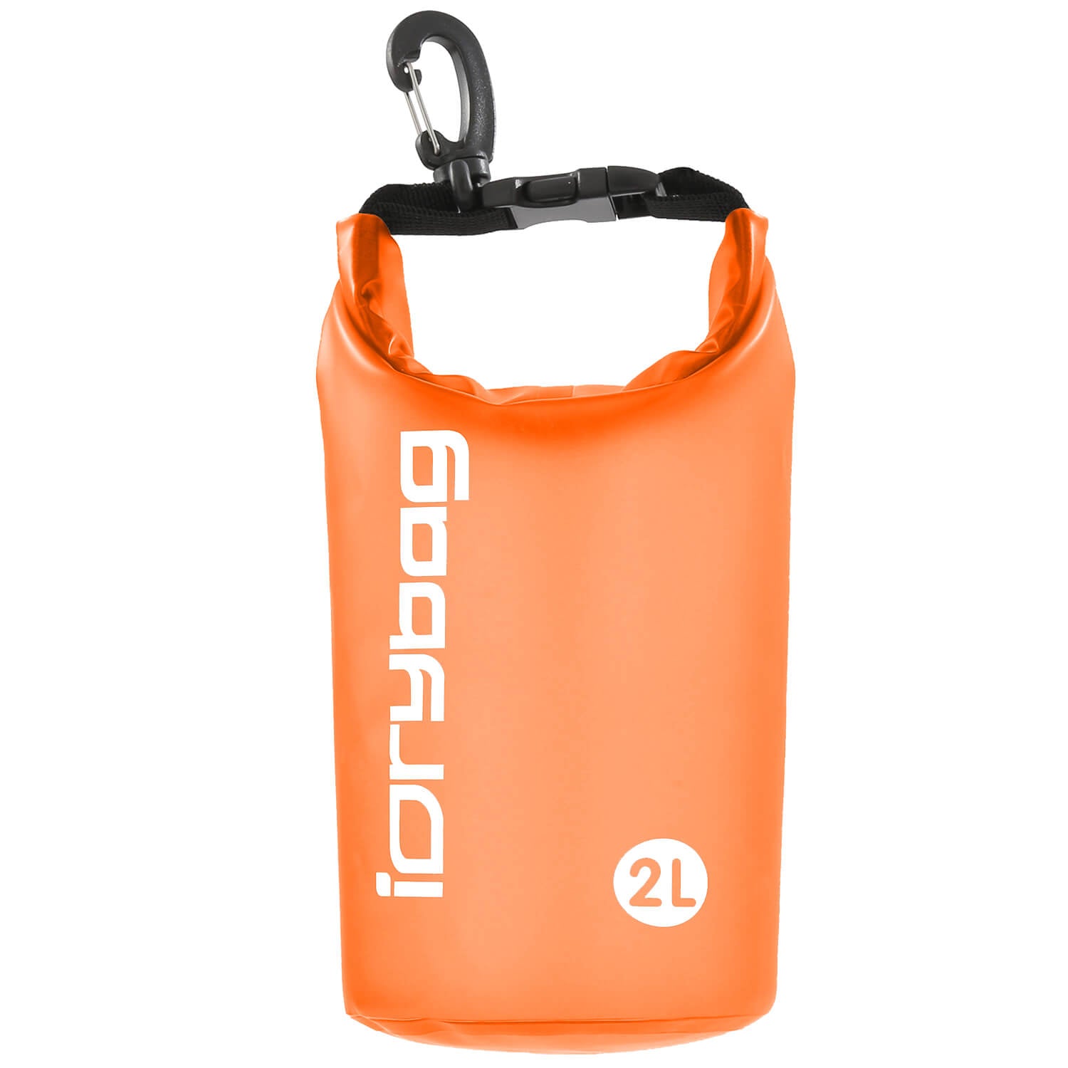 idrybag 2L Orange dry bag with a carabiner on a white background