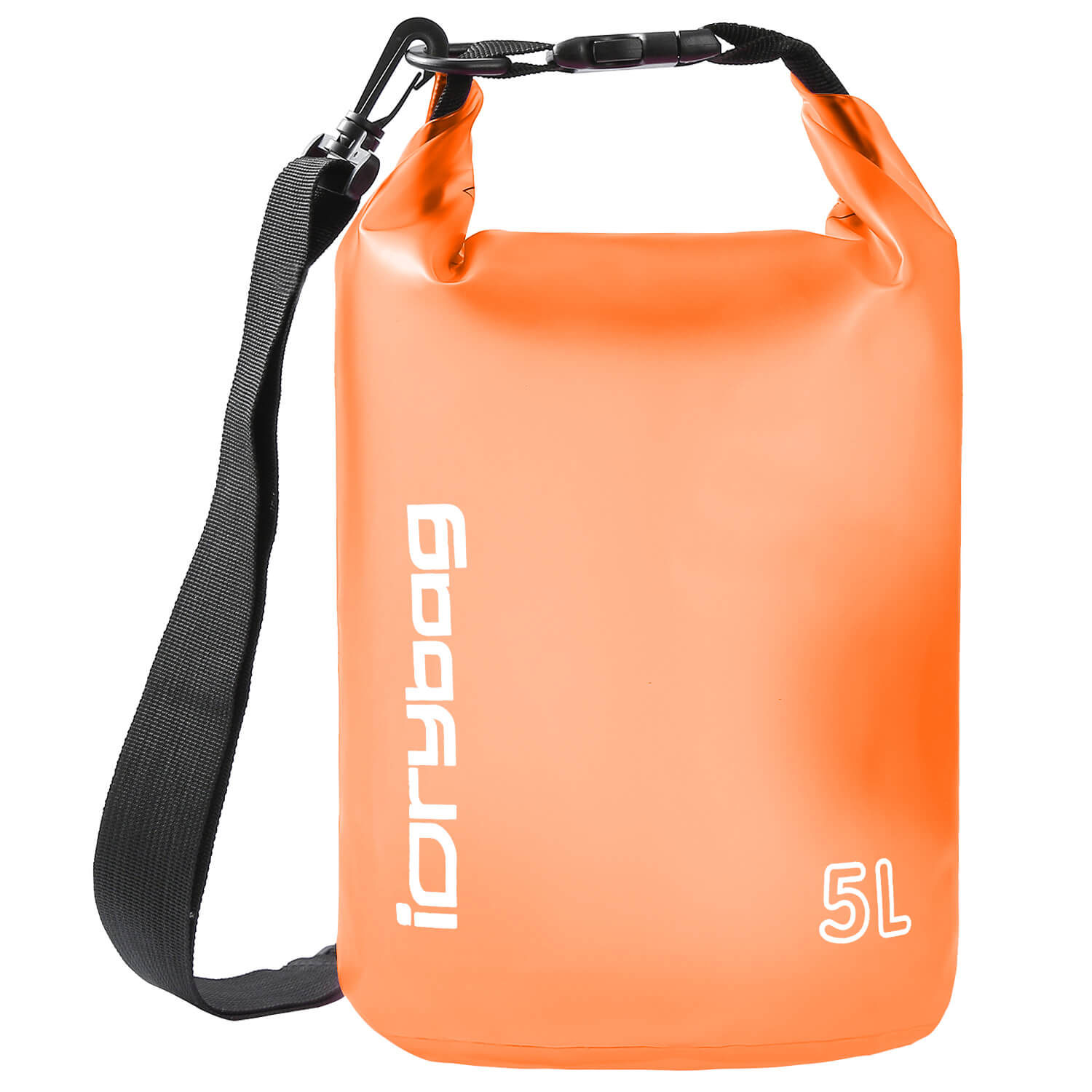 5L Orange dry bag with black strap and 'idrybag' branding on a white background