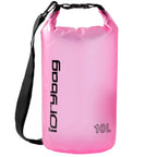 Pink 10L dry bag with black strap and 'idrybag' branding on a white background