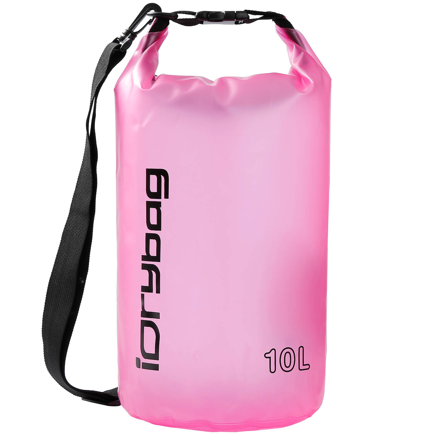 Pink 10L dry bag with black strap and 'idrybag' branding on a white background