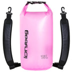 Pink 15L dry bag with black straps and 'idrybag' branding on a white background