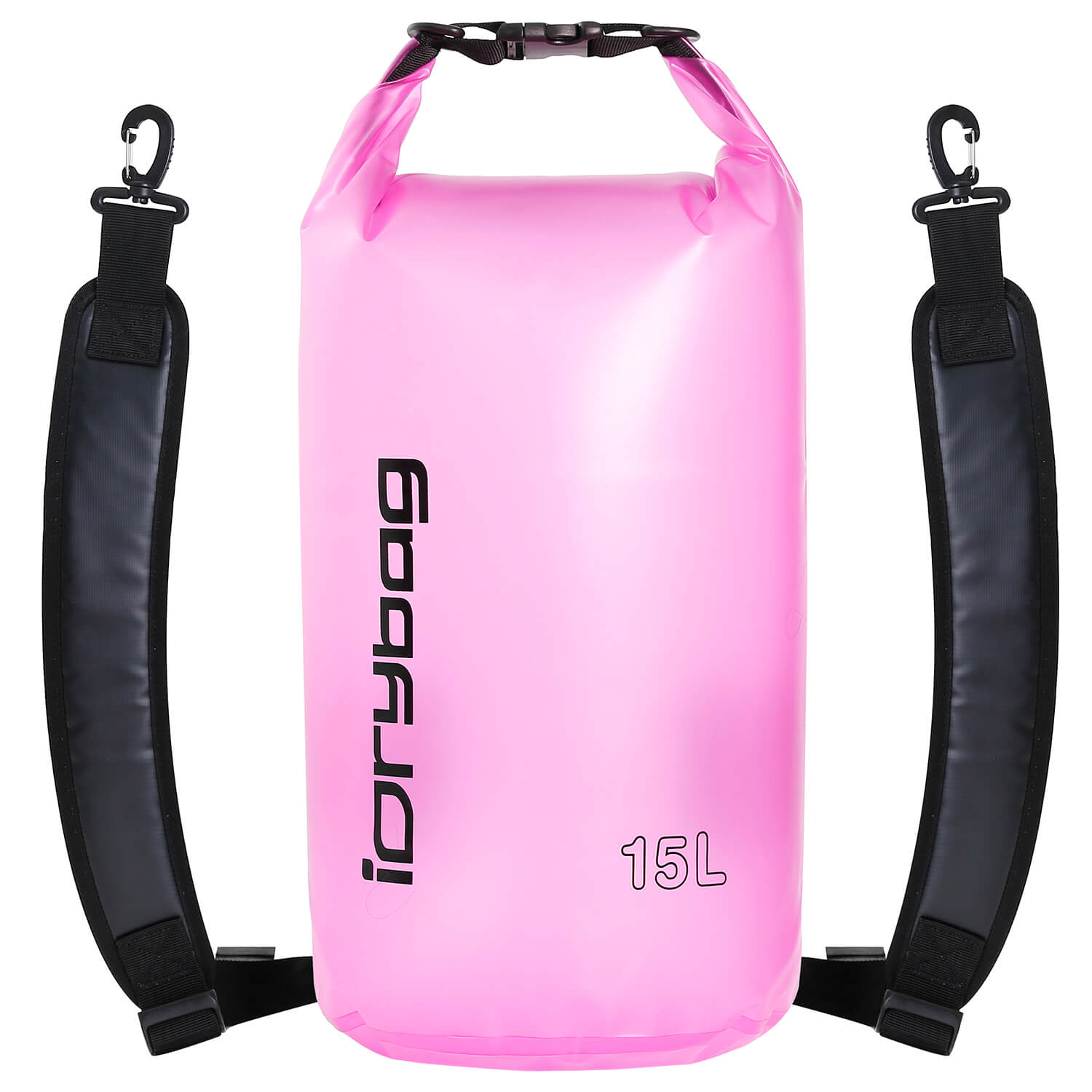 Pink 15L dry bag with black straps and 'idrybag' branding on a white background