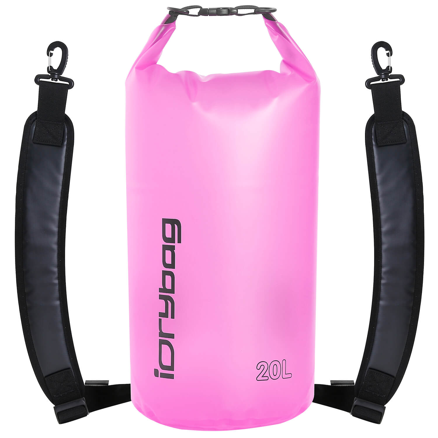 idrybag Pink 20L dry bag with black straps on a white background