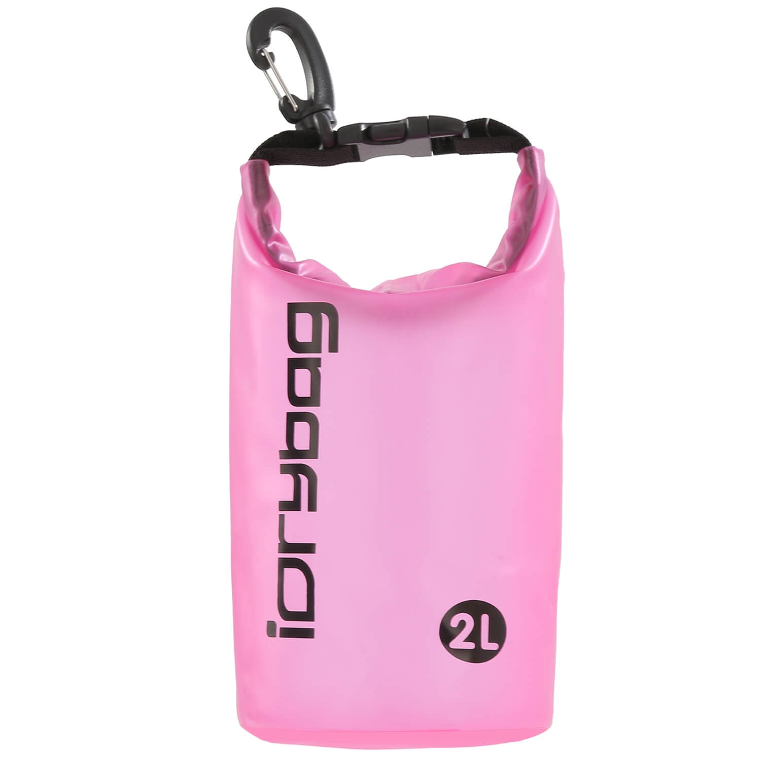 Pink 2L dry bag with a carabiner on a white background 