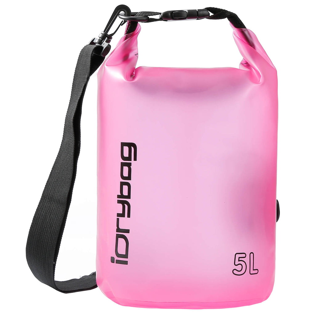 idrybag Pink 5L dry bag with a black strap on a white background