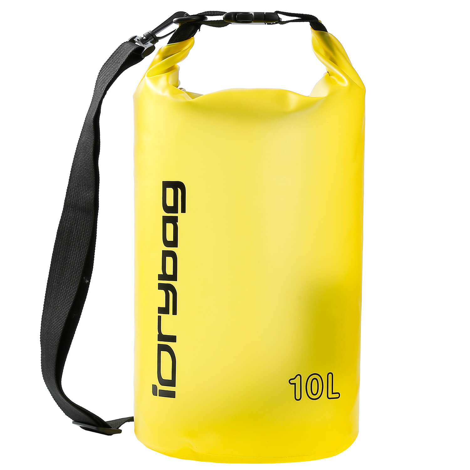 10L Yellow dry bag with black strap and 'idrybag' branding on a white background