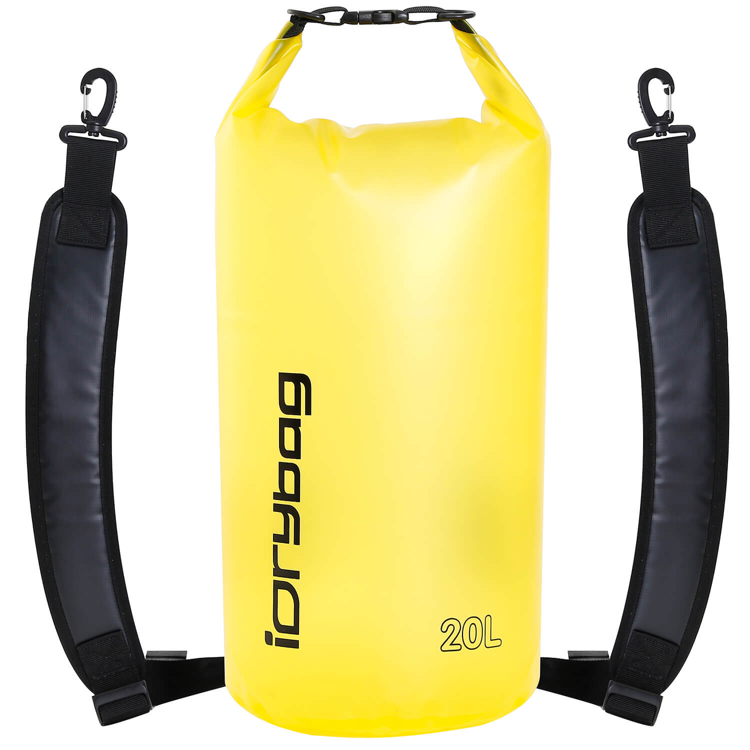 idrybag 20L Yellow dry bag with black straps on a white background