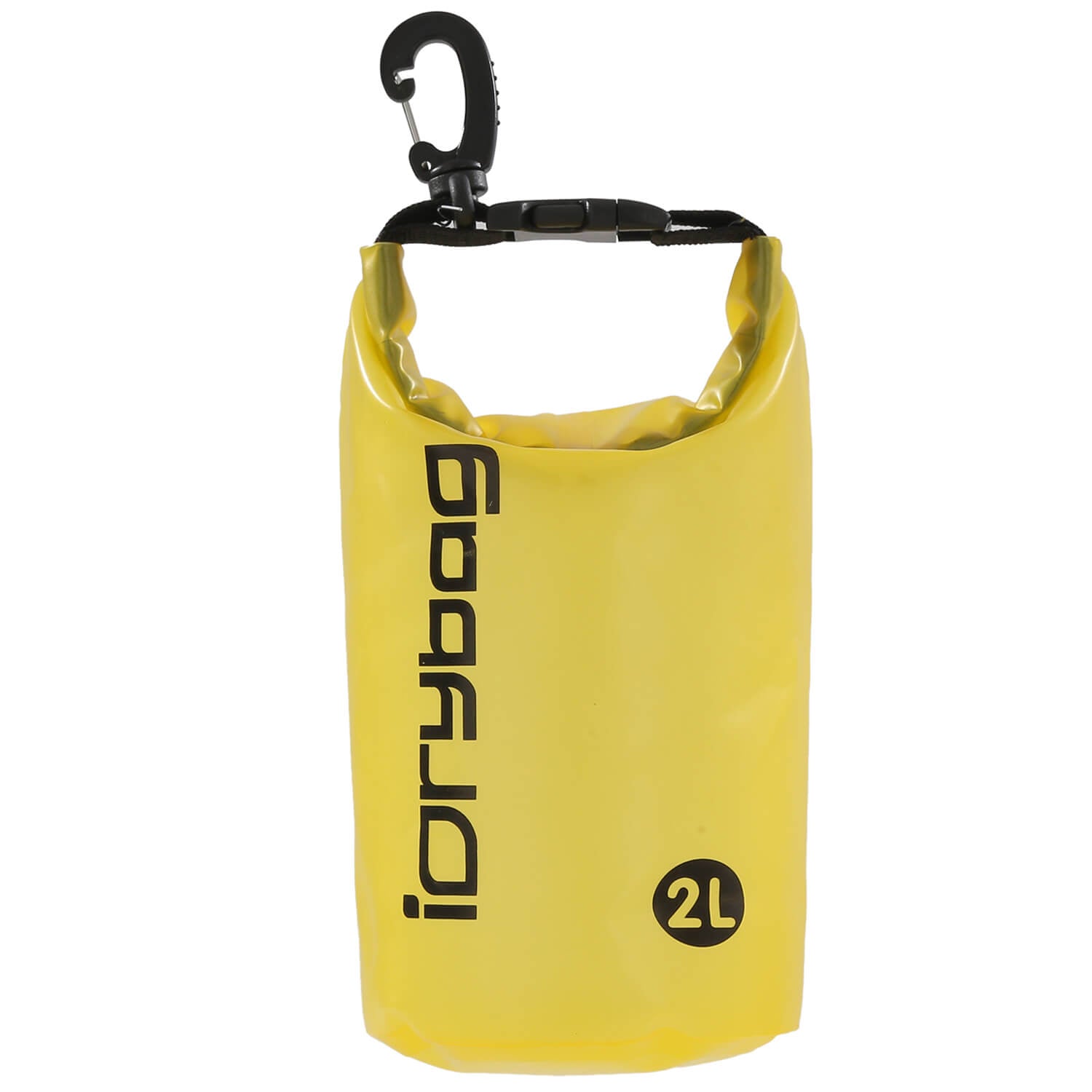 idrybag 2L Yellow dry bag with a carabiner on a white background