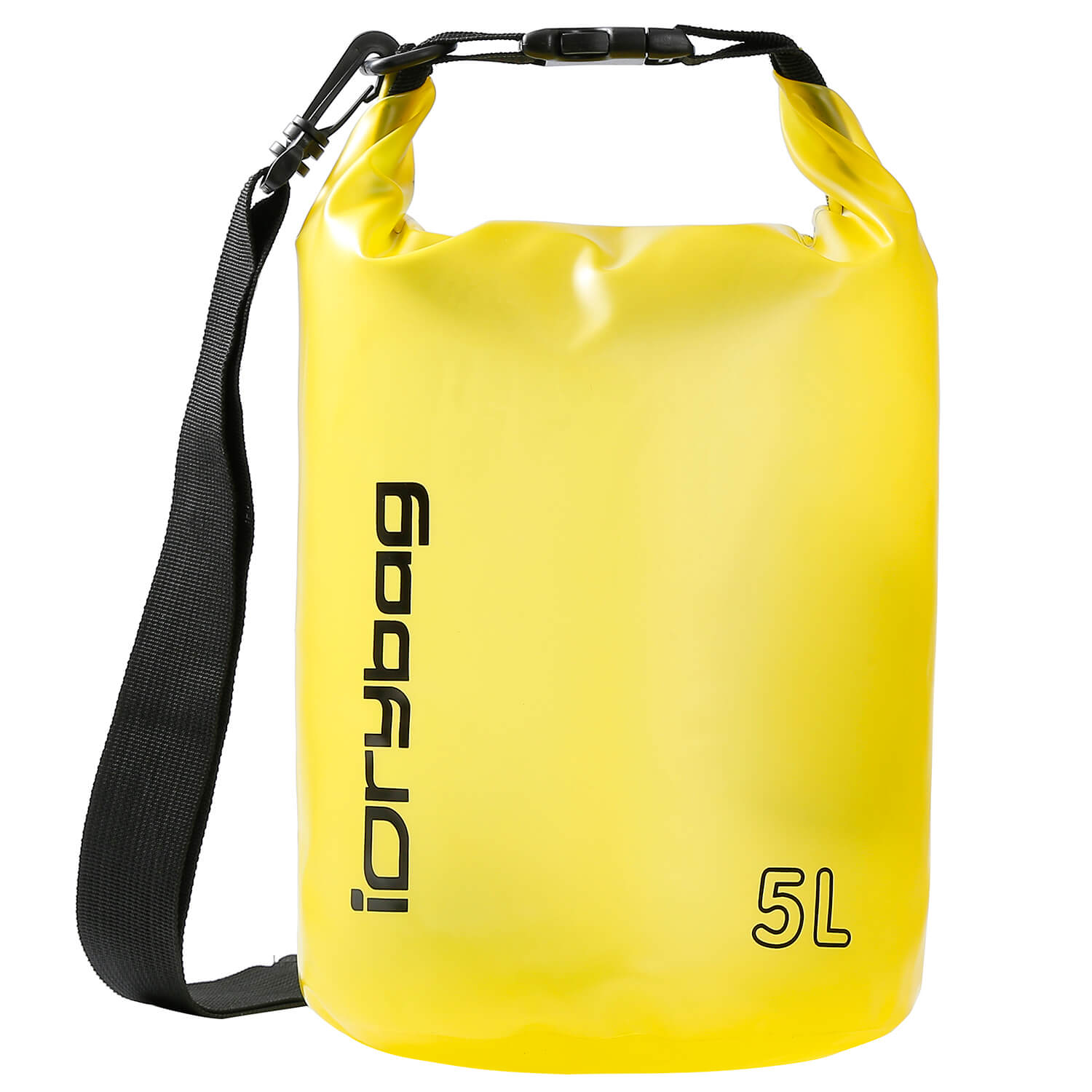 5L Yellow dry bag with black strap and 'idrybag' branding on a white background