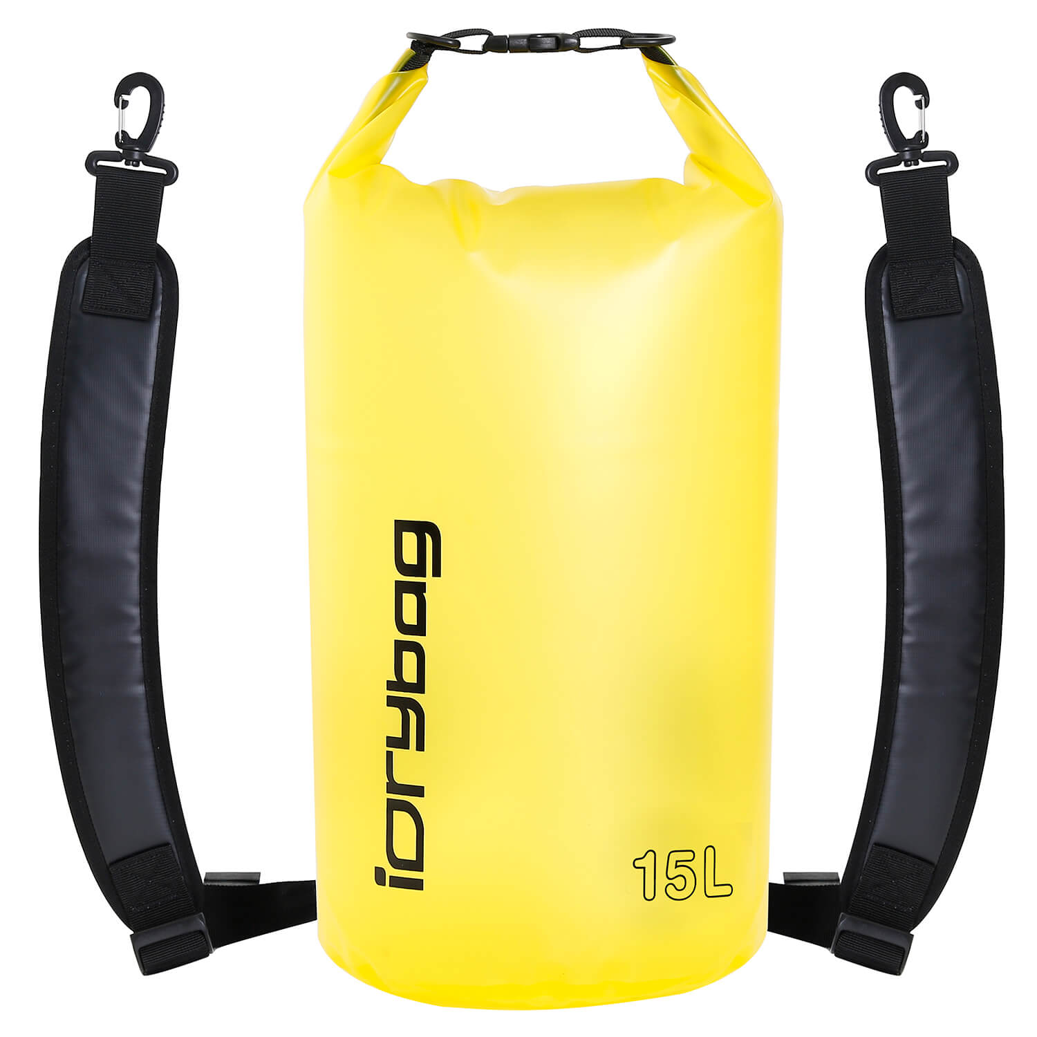 15L Yellow dry bag with black straps and 'idrybag' branding on a white background