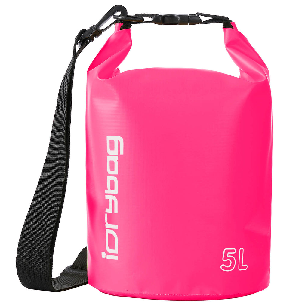 idrybag 5L Pink dry bag with a black strap on a white background