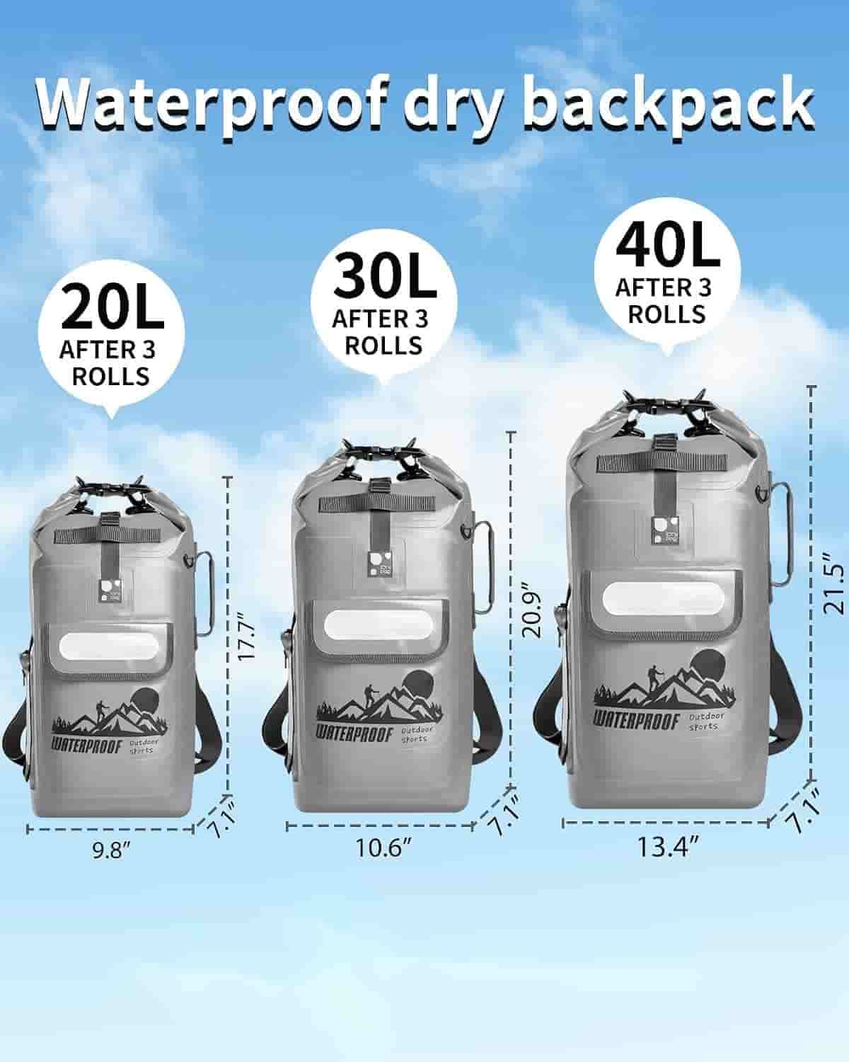 Three idrybag pro shield waterproof dry backpacks shown in different sizes labeled 20L, 30L, and 40L after 3 rolls, with dimensions and text on a light blue sky background.