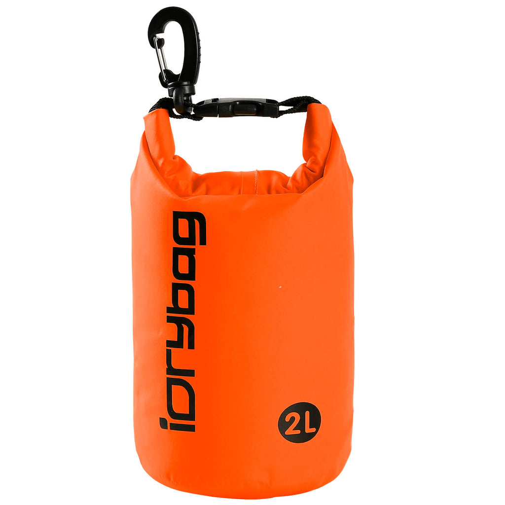 idrybag 2L Orange dry bag with carabiner on a white background