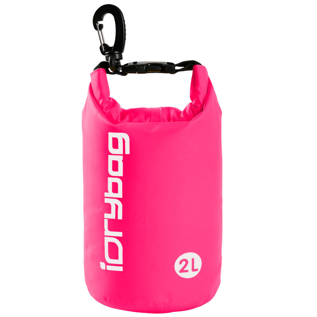 idrybag 2L Pink dry bag with a carabiner on a white background