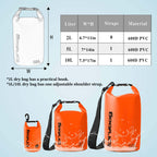 Orange dry bags with measurements and specifications on a light blue background for the brand idrybag