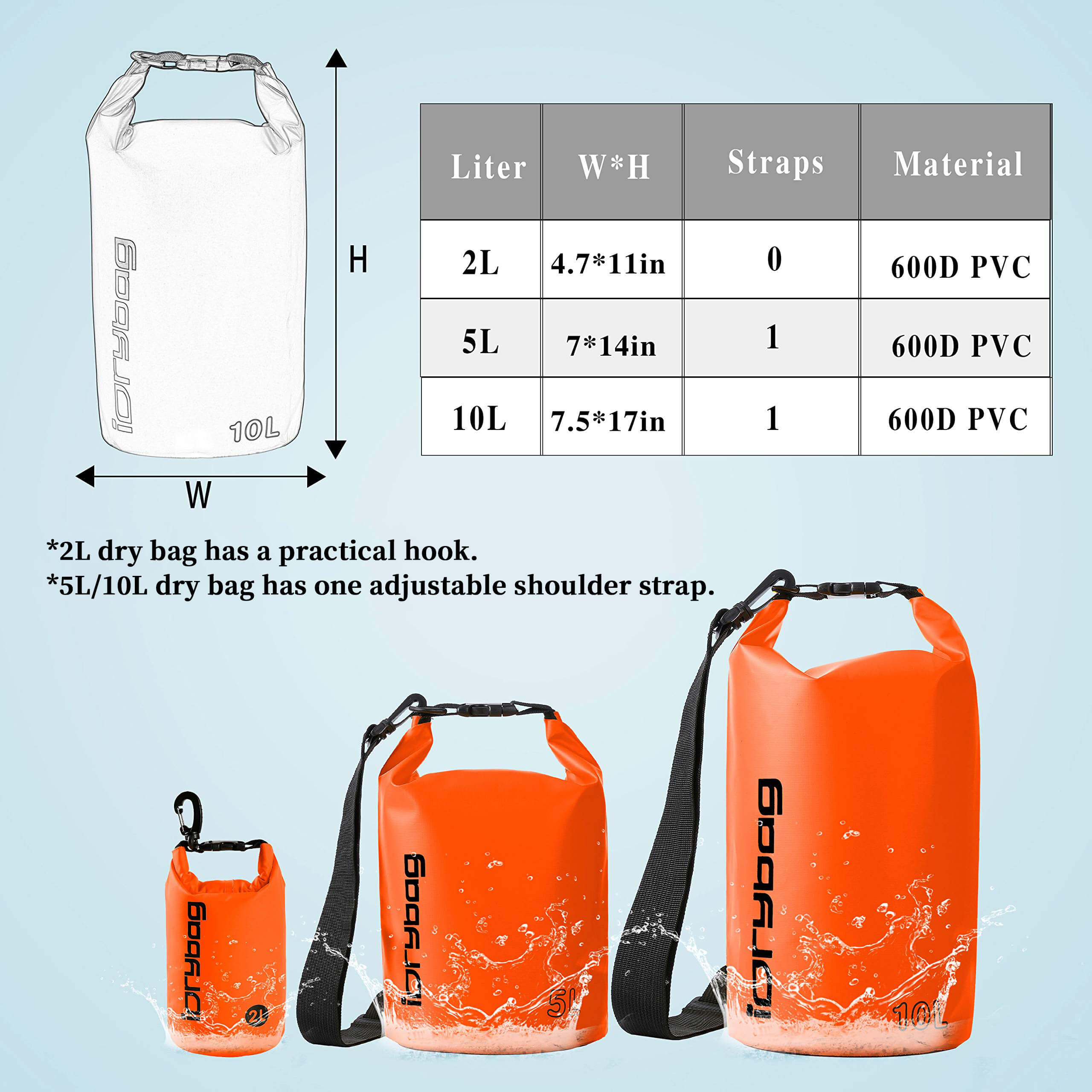 Orange dry bags with measurements and specifications on a light blue background for the brand idrybag