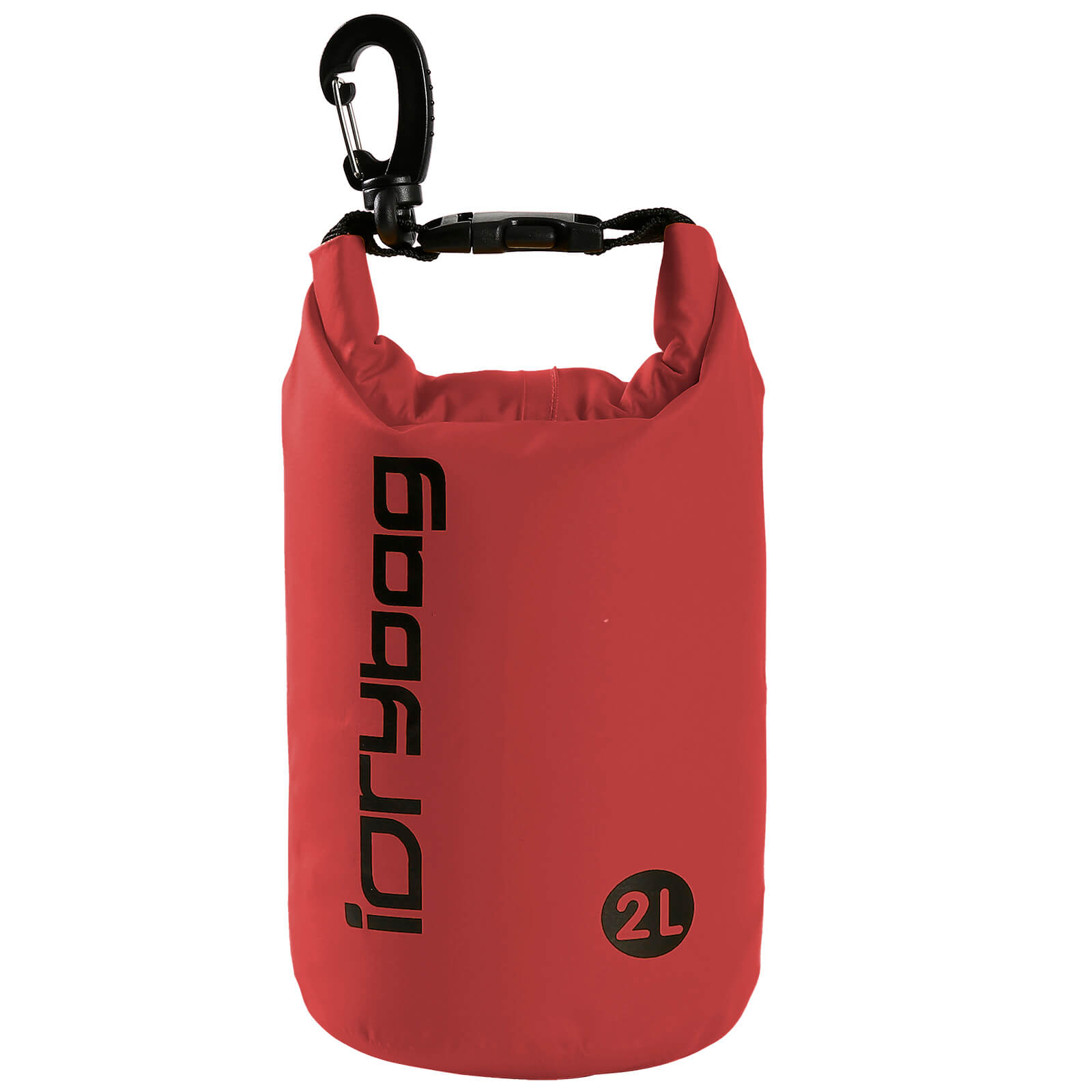 idrybag 2L Red dry bag with a carabiner on a white background