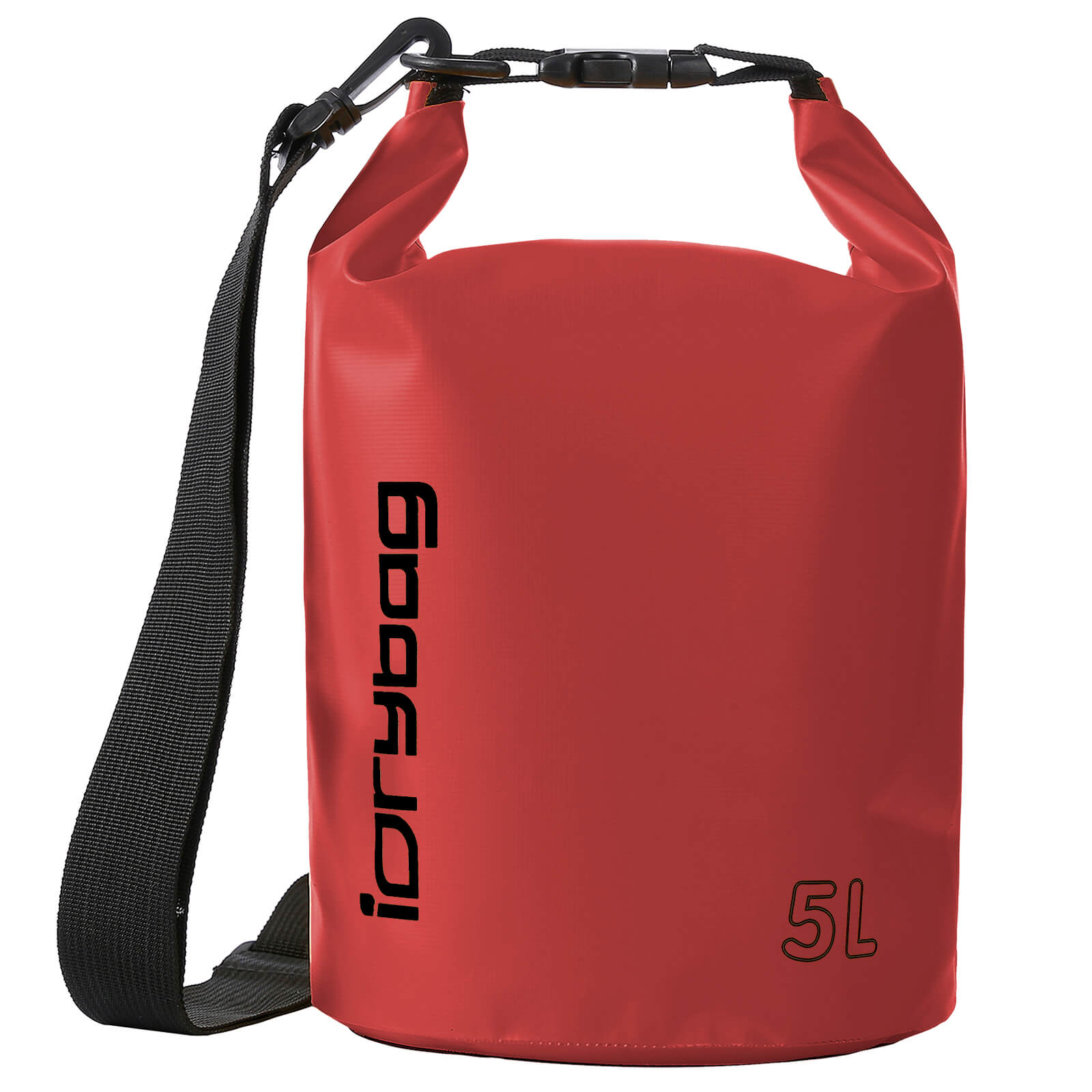 idrybag 5L Red dry bag with black strap and 'iDrybag' branding on a white background